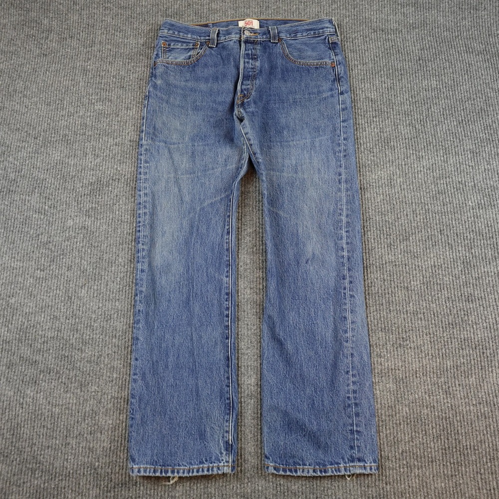 Levis 501 Jeans Mens 34x30 Blue Medium Wash Straight Button Fly Distressed Denim